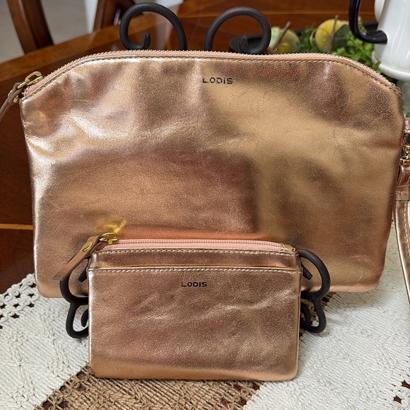 Lodis Leather RFID Metallic Rose Gold Shimmer Zipper Clutch and Coin Pouch Set - Picture 3 of 14